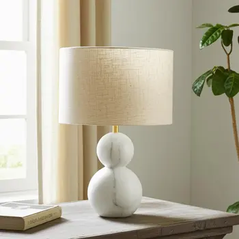 18" Distressed White Marble Round Table Lamp With White Drum Shade