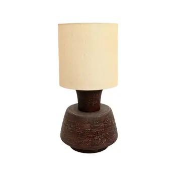 27" Distressed Brown Solid Wood Urn Table Lamp With Beige Drum Shade