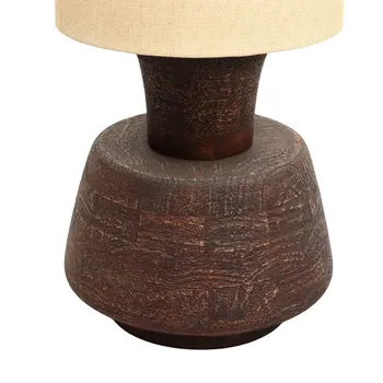27" Distressed Brown Solid Wood Urn Table Lamp With Beige Drum Shade