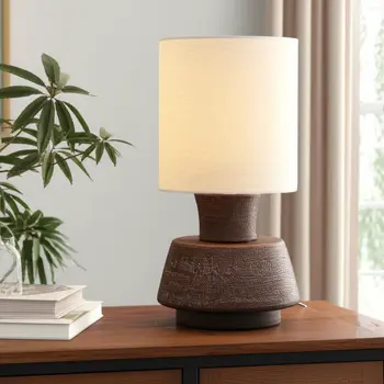 27" Distressed Brown Solid Wood Urn Table Lamp With Beige Drum Shade