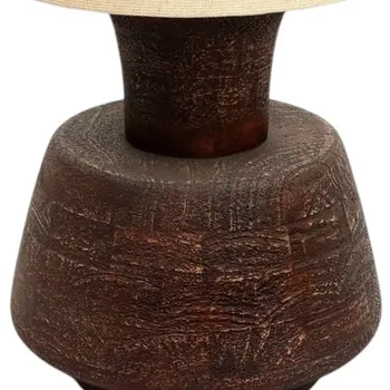 27" Distressed Brown Solid Wood Urn Table Lamp With Beige Drum Shade