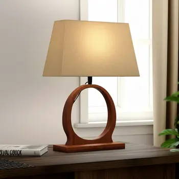 21" Distressed Brown Solid Wood Geometric Table Lamp With Beige Drum Shade