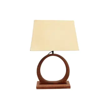 21" Distressed Brown Solid Wood Geometric Table Lamp With Beige Drum Shade