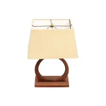 21" Distressed Brown Solid Wood Geometric Table Lamp With Beige Drum Shade