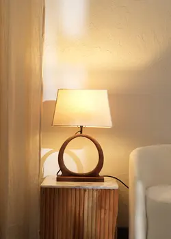 21" Distressed Brown Solid Wood Geometric Table Lamp With Beige Drum Shade