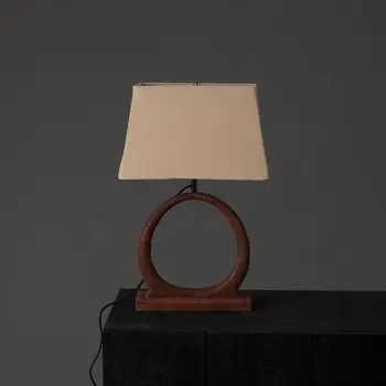 21" Distressed Brown Solid Wood Geometric Table Lamp With Beige Drum Shade