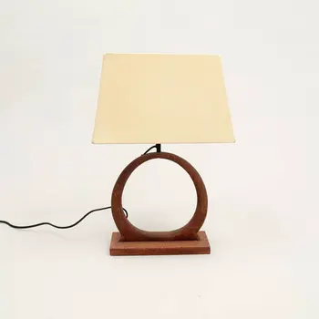 21" Distressed Brown Solid Wood Geometric Table Lamp With Beige Drum Shade