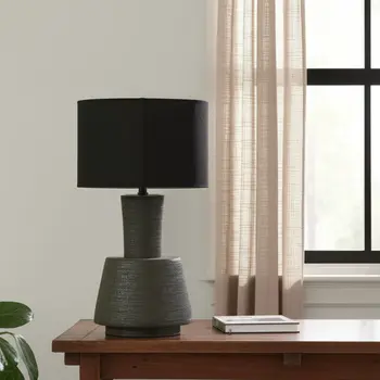 29" Distressed Black Solid Wood Urn Table Lamp With Black Drum Shade