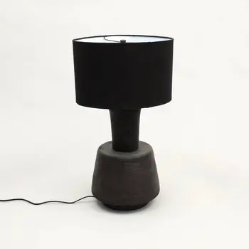 29" Distressed Black Solid Wood Urn Table Lamp With Black Drum Shade