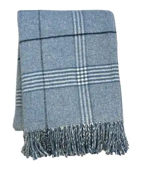 50" X 67" Denim Blue And White Cotton Blend Woven Plaid Throw Blanket with Fringe
