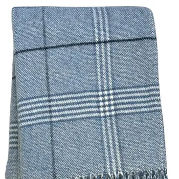 50" X 67" Denim Blue And White Cotton Blend Woven Plaid Throw Blanket with Fringe