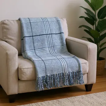 50" X 67" Denim Blue And White Cotton Blend Woven Plaid Throw Blanket with Fringe