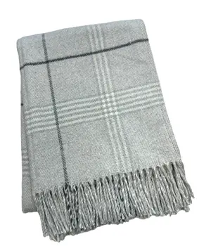 50" X 67" Light Gray And White Cotton Blend Woven Plaid Throw Blanket with Fringe