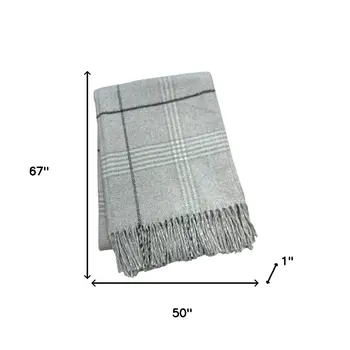 50" X 67" Light Gray And White Cotton Blend Woven Plaid Throw Blanket with Fringe