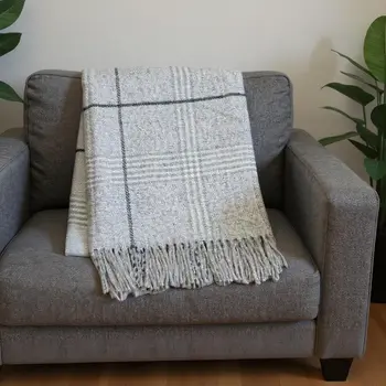 50" X 67" Light Gray And White Cotton Blend Woven Plaid Throw Blanket with Fringe