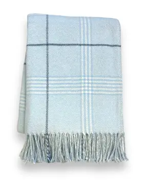 50" X 67" Sky Blue And White Plaid Cotton Blend Woven Throw Blanket with Fringe