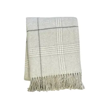 50" X 67" Sand And White Cotton Blend Woven Plaid Throw Blanket with Fringe
