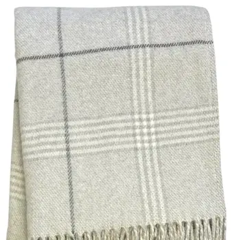 50" X 67" Sand And White Cotton Blend Woven Plaid Throw Blanket with Fringe