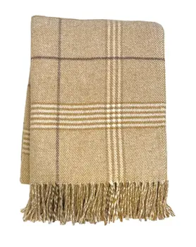 50" X 67" Stone And White Cotton Blend Woven Plaid Throw Blanket with Fringe