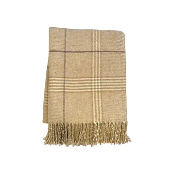 50" X 67" Stone And White Cotton Blend Woven Plaid Throw Blanket with Fringe