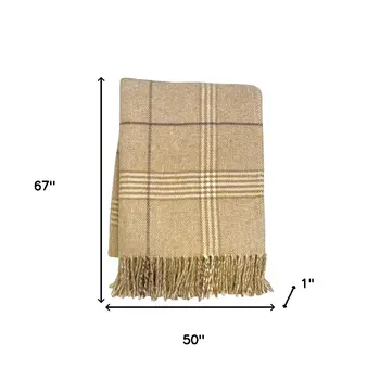 50" X 67" Stone And White Cotton Blend Woven Plaid Throw Blanket with Fringe