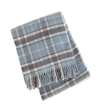 55" X 70" Sky Blue And Brown Cotton Blend Woven Plaid Plush Throw Blanket with Fringe
