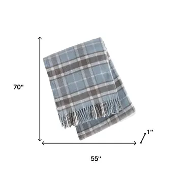 55" X 70" Sky Blue And Brown Cotton Blend Woven Plaid Plush Throw Blanket with Fringe