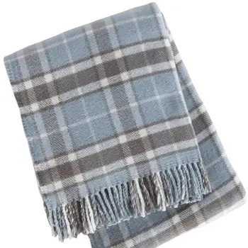 55" X 70" Sky Blue And Brown Cotton Blend Woven Plaid Plush Throw Blanket with Fringe