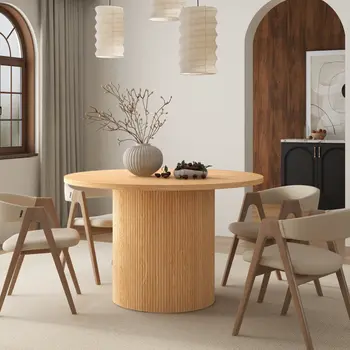 47" Natural Solid Wood Double Pedestal Base Round Top Dining Table