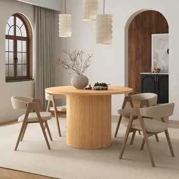 47" Natural Solid Wood Double Pedestal Base Round Top Dining Table