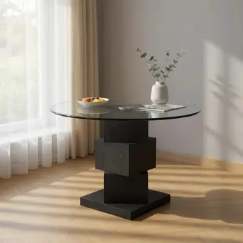 51" Clear and Black Glass and Solid Wood Pedestal Base Round Top Dining Table