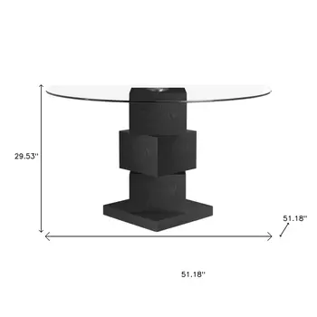 51" Clear and Black Glass and Solid Wood Pedestal Base Round Top Dining Table