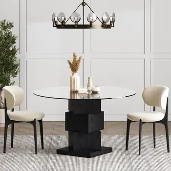 51" Clear and Black Glass and Solid Wood Pedestal Base Round Top Dining Table