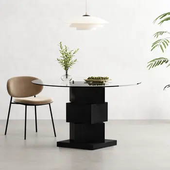 51" Clear and Black Glass and Solid Wood Pedestal Base Round Top Dining Table