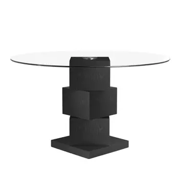 51" Clear and Black Glass and Solid Wood Pedestal Base Round Top Dining Table