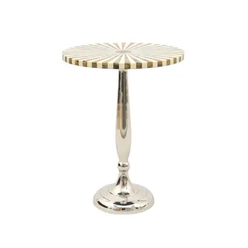 21" Brown Ivory and Silver Faux Stone and Aluminum Round Pedestal End Table