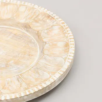 13" Natural And White Distressed Solid Wood Geometric Handmade Round Charger Plate