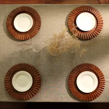 13" Brown Solid Wood Scalloped Rim Handmade Round Charger Plate