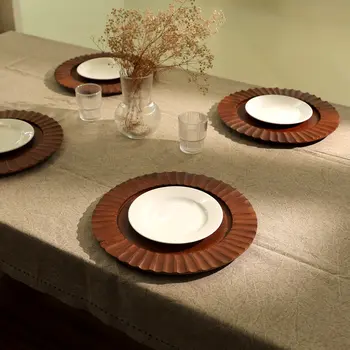 13" Brown Solid Wood Scalloped Rim Handmade Round Charger Plate