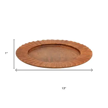 13" Brown Solid Wood Scalloped Rim Handmade Round Charger Plate