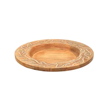 13" Brown Solid Wood Floral Handmade Round Charger Plate