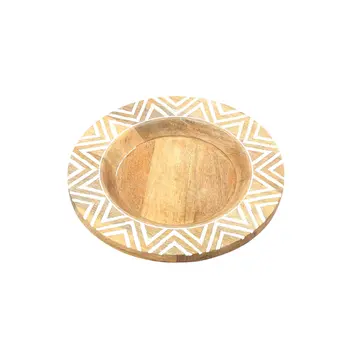 13" Natural And White Solid Wood Chevron Handmade Round Charger Plate