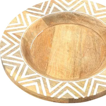13" Natural And White Solid Wood Chevron Handmade Round Charger Plate