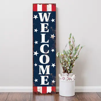 36" Red White And Blue Americana Wood Welcome Reversible Porch Sign