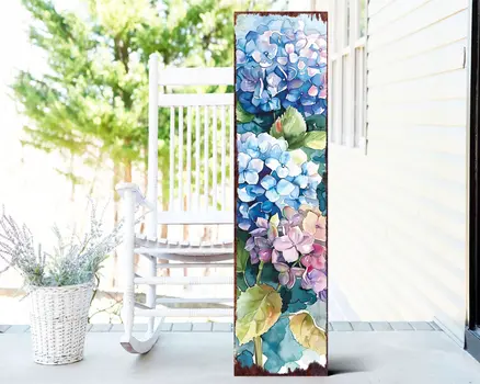36" Blue Green And Purple Hydrangeas Solid Wood Porch Sign