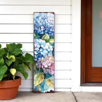 36" Blue Green And Purple Hydrangeas Solid Wood Porch Sign