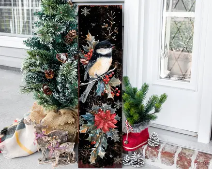 36" Black Red And White Christmas Chickadee Solid Wood Porch Sign