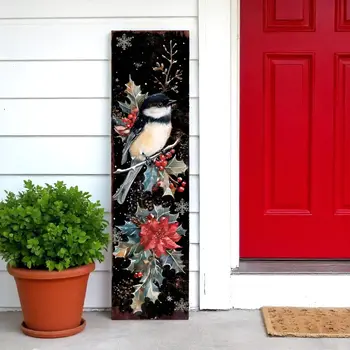 36" Black Red And White Christmas Chickadee Solid Wood Porch Sign