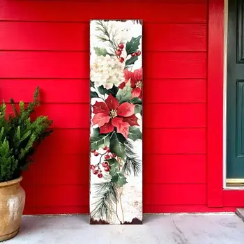 36" White Green And Red Christmas Poinsettia Solid Wood Porch Sign