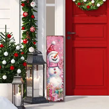 36" Pink Red And White Christmas Santa and Snowman Solid Wood Reversible Porch Sign